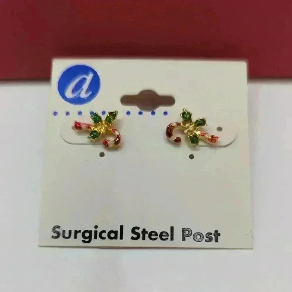 Holiday Cheer Christmas Candy Cane Earrings Studs Surgical Steel Posts 2 Brooch - Picture 5 of 7
